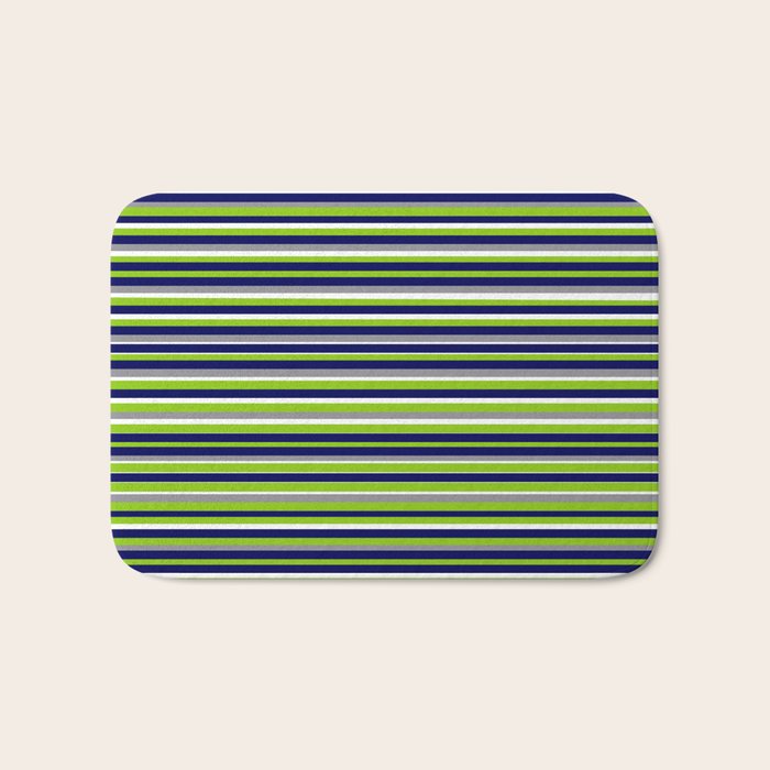 Fine Stripes Cheerful Pattern in Lime Green, Spring Green, Navy Blue, Gray Grey, White  Bath Mat Gallery Image 1