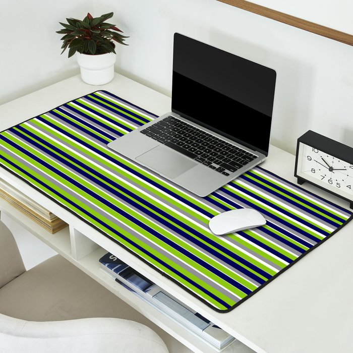 Fine Stripes Cheerful Pattern in Lime Green, Spring Green, Navy Blue, Gray Grey, White  Desk Mat Gallery Image 2