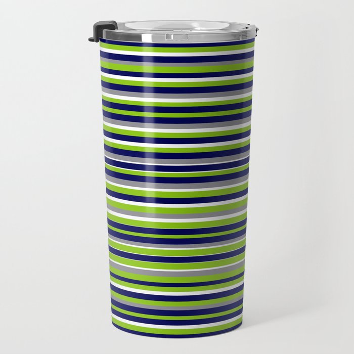 Fine Stripes Cheerful Pattern in Lime Green, Spring Green, Navy Blue, Gray Grey, White  Travel Mug Gallery Image 3