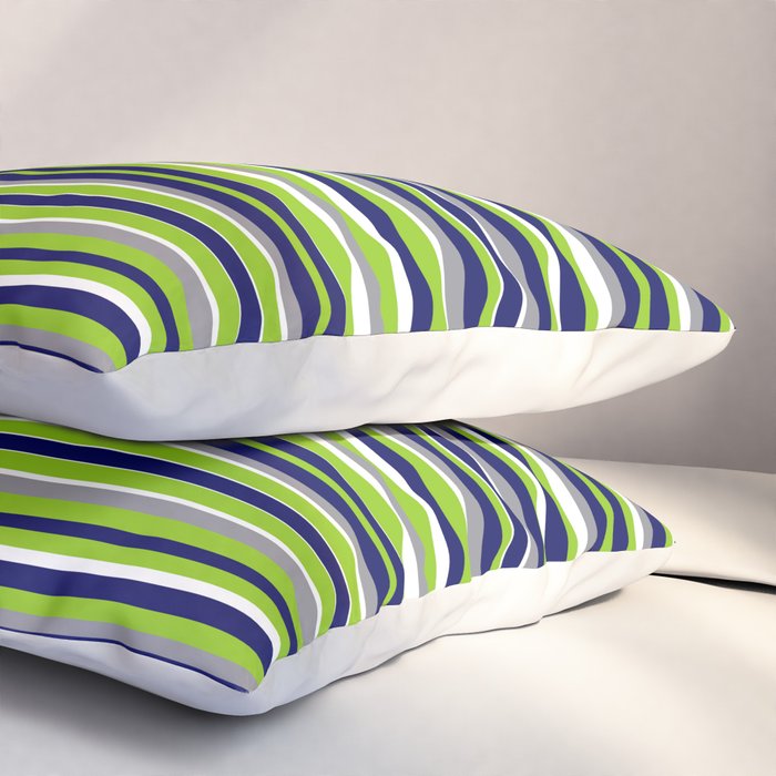Fine Stripes Cheerful Pattern in Lime Green, Spring Green, Navy Blue, Gray Grey, White  Pillow Sham Gallery Image 3
