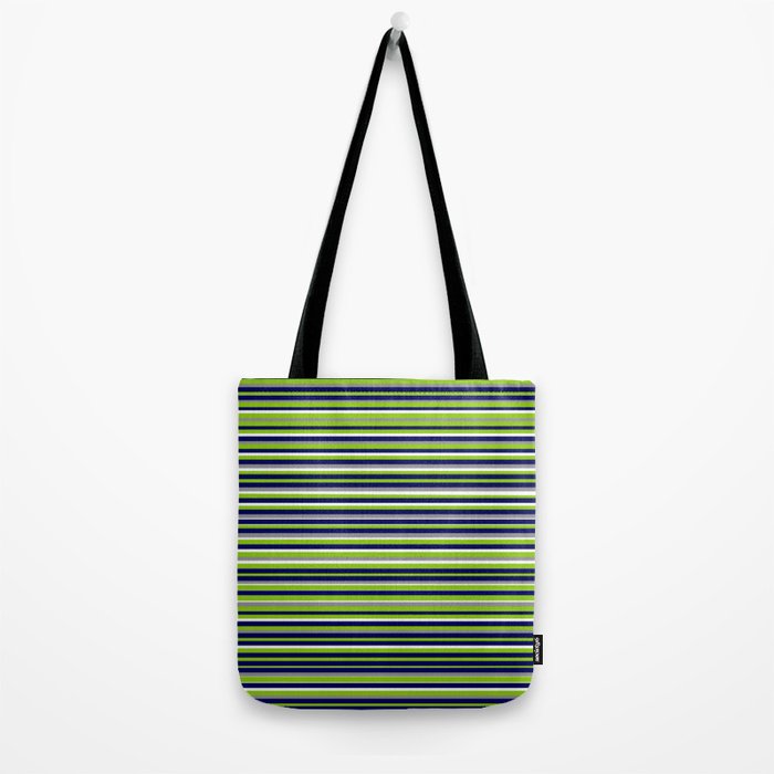 Fine Stripes Cheerful Pattern in Lime Green, Spring Green, Navy Blue, Gray Grey, White  Tote Bag Gallery Image 2