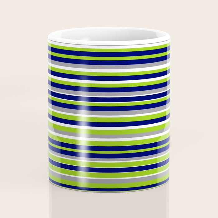 Fine Stripes Cheerful Pattern in Lime Green, Spring Green, Navy Blue, Gray Grey, White  Coffee Mug Gallery Image 4