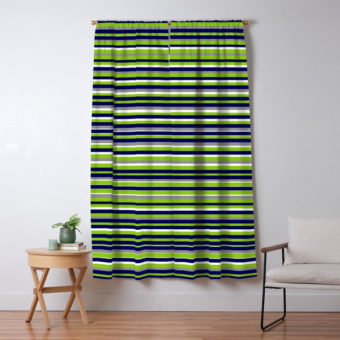Fine Stripes Cheerful Pattern in Lime Green, Spring Green, Navy Blue, Gray Grey, White  Window Curtain Gallery Image 5