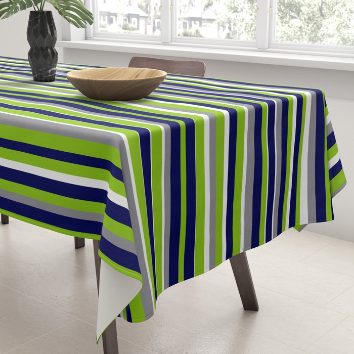 Fine Stripes Cheerful Pattern in Lime Green, Spring Green, Navy Blue, Gray Grey, White  Tablecloth Gallery Image 3