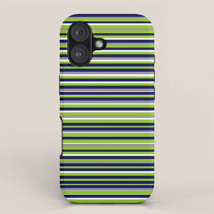 Fine Stripes Cheerful Pattern in Lime Green, Spring Green, Navy Blue, Gray Grey, White  iPhone Case Gallery Image 1