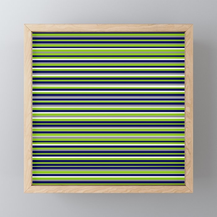 Fine Stripes Cheerful Pattern in Lime Green, Spring Green, Navy Blue, Gray Grey, White  Mini Art Print Gallery Image 1