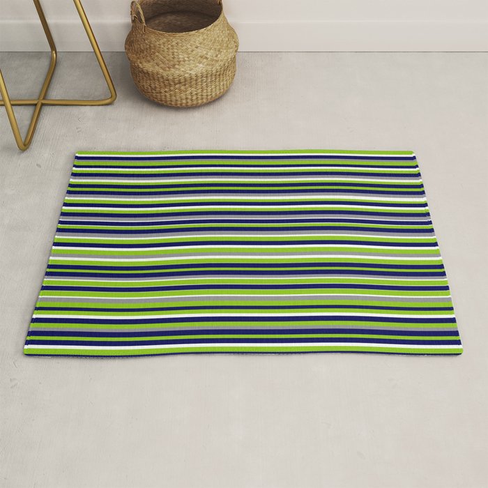Fine Stripes Cheerful Pattern in Lime Green, Spring Green, Navy Blue, Gray Grey, White  Rug Gallery Image 1