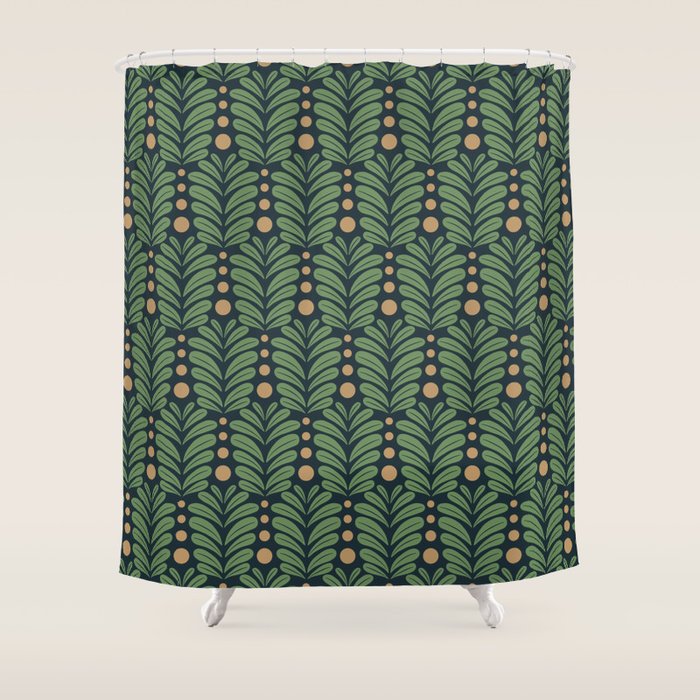 Green and Navy Botanical Scalloped Art Deco Pattern Shower Curtain Gallery Image 1