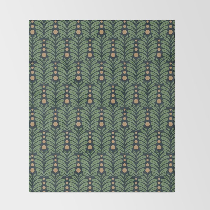 Green and Navy Botanical Scalloped Art Deco Pattern Throw Blanket Gallery Image 2