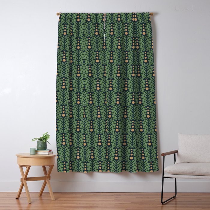 Green and Navy Botanical Scalloped Art Deco Pattern Window Curtain Gallery Image 1