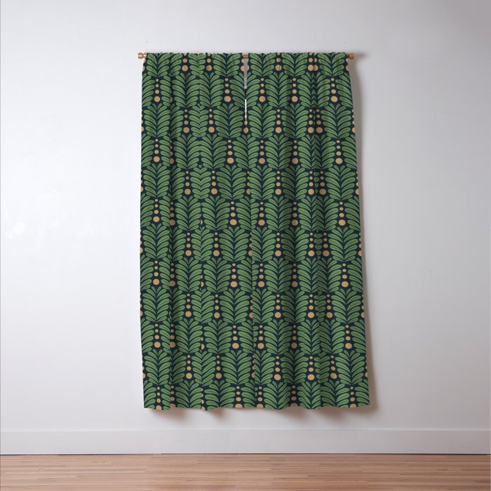 Green and Navy Botanical Scalloped Art Deco Pattern Window Curtain Gallery Image 3