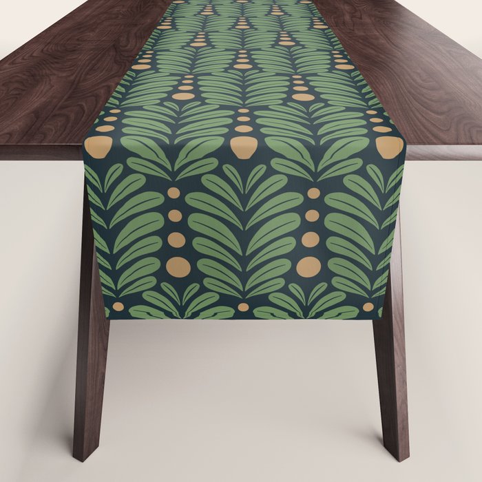 Green and Navy Botanical Scalloped Art Deco Pattern Table Runner Gallery Image 1