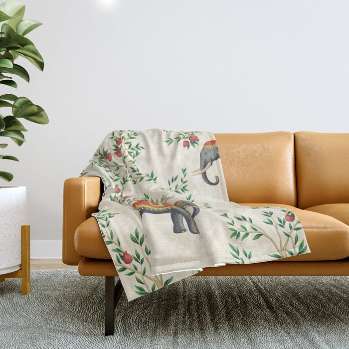 Chinoiserie Indian Elephant & Monkey Exotic Floral Throw Blanket Gallery Image 1