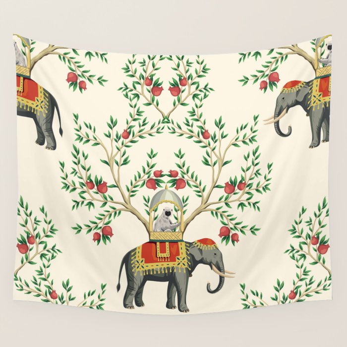 Chinoiserie Indian Elephant & Monkey Exotic Floral Wall Tapestry Gallery Image 4