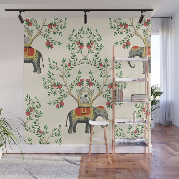 Chinoiserie Indian Elephant & Monkey Exotic Floral Wall Mural Gallery Image 1