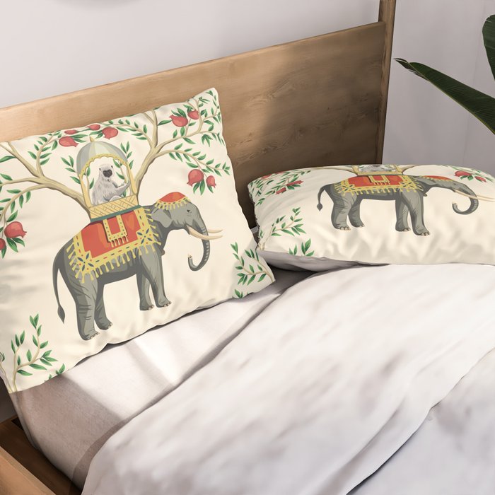 Chinoiserie Indian Elephant & Monkey Exotic Floral Pillow Sham Gallery Image 2