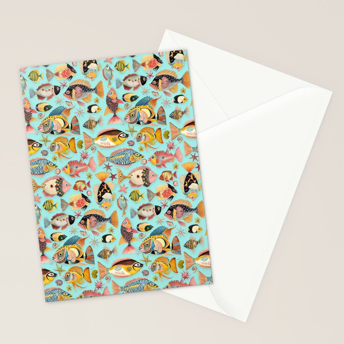 Whimsical Underwater World Multicolor Fish Pattern Turquoise Stationery Card Gallery Image 2