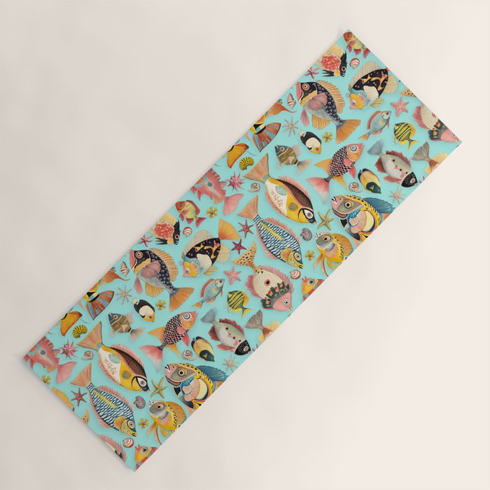 Whimsical Underwater World Multicolor Fish Pattern Turquoise Yoga Mat Gallery Image 1