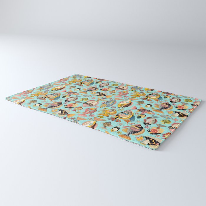 Whimsical Underwater World Multicolor Fish Pattern Turquoise Rug Gallery Image 3