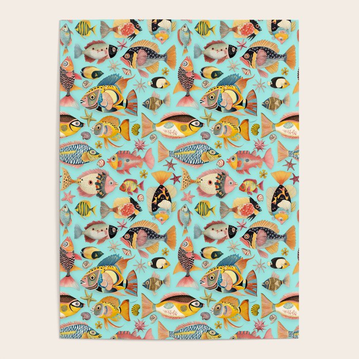 Whimsical Underwater World Multicolor Fish Pattern Turquoise Poster Gallery Image 4
