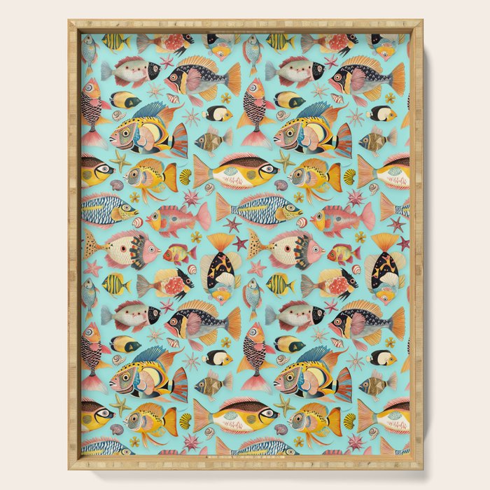 Whimsical Underwater World Multicolor Fish Pattern Turquoise Serving Tray Gallery Image 1