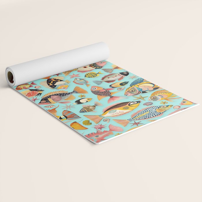 Whimsical Underwater World Multicolor Fish Pattern Turquoise Yoga Mat Gallery Image 2