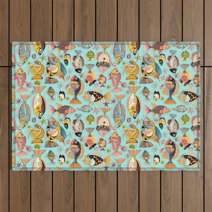 Whimsical Underwater World Multicolor Fish Pattern Turquoise Outdoor Rug Gallery Image 1