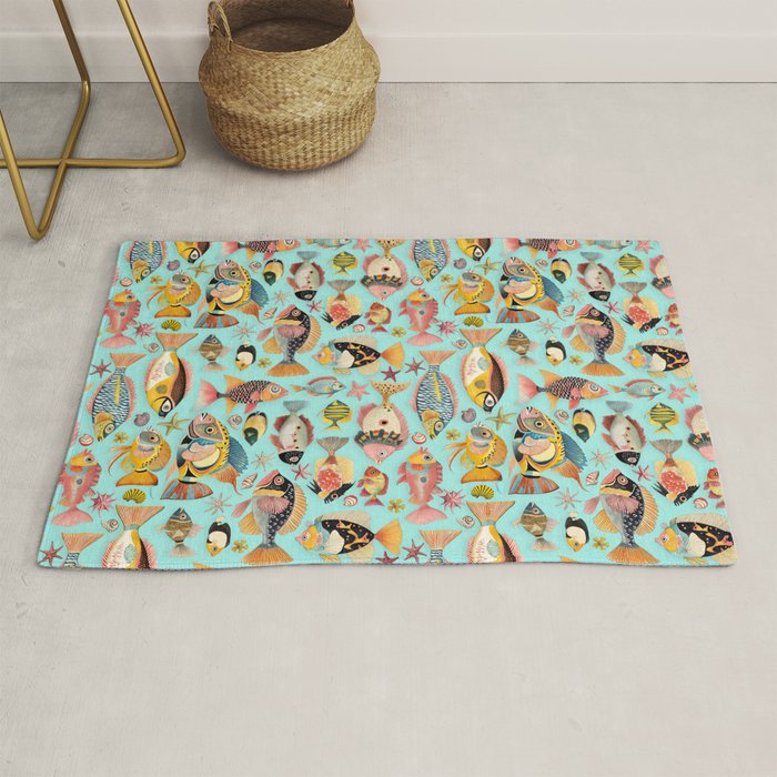 Whimsical Underwater World Multicolor Fish Pattern Turquoise Rug Gallery Image 1