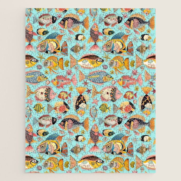 Whimsical Underwater World Multicolor Fish Pattern Turquoise Jigsaw Puzzle Gallery Image 1