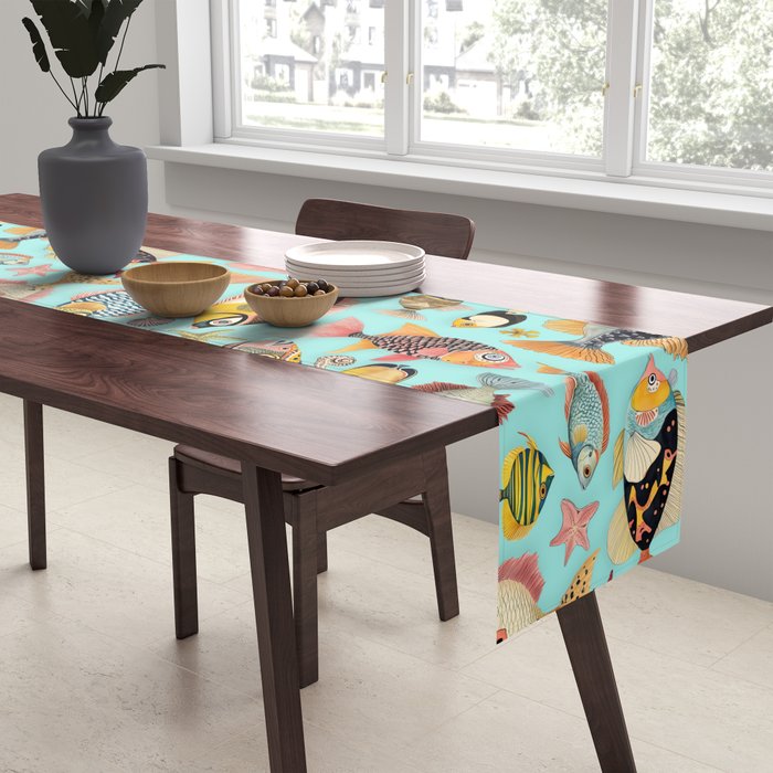 Whimsical Underwater World Multicolor Fish Pattern Turquoise Table Runner Gallery Image 2