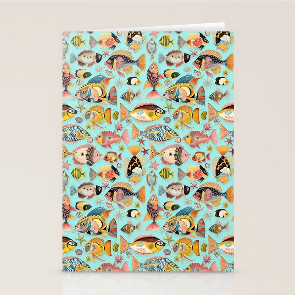 Whimsical Underwater World Multicolor Fish Pattern Turquoise Stationery Card Gallery Image 2