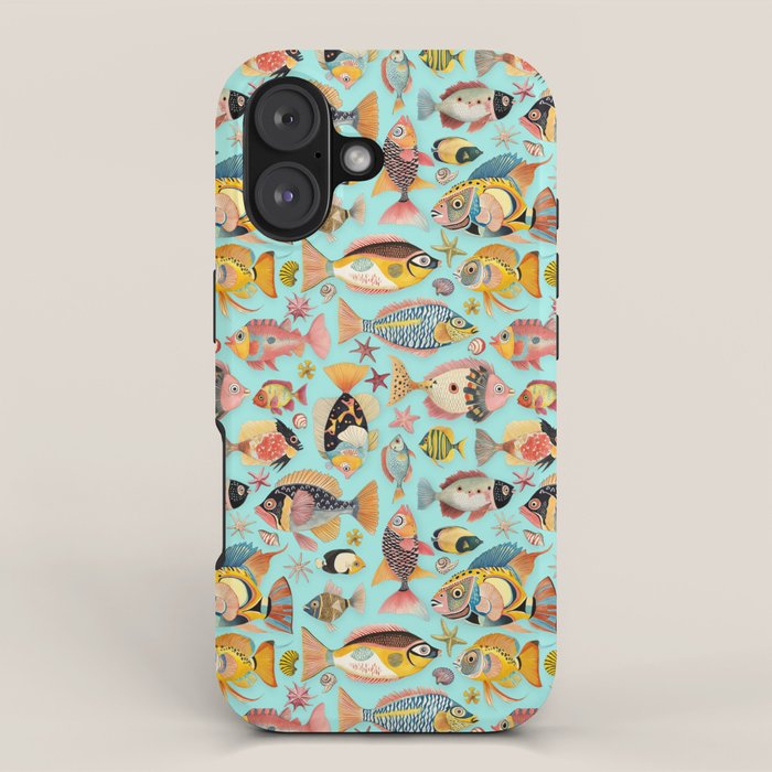 Whimsical Underwater World Multicolor Fish Pattern Turquoise iPhone Case Gallery Image 1