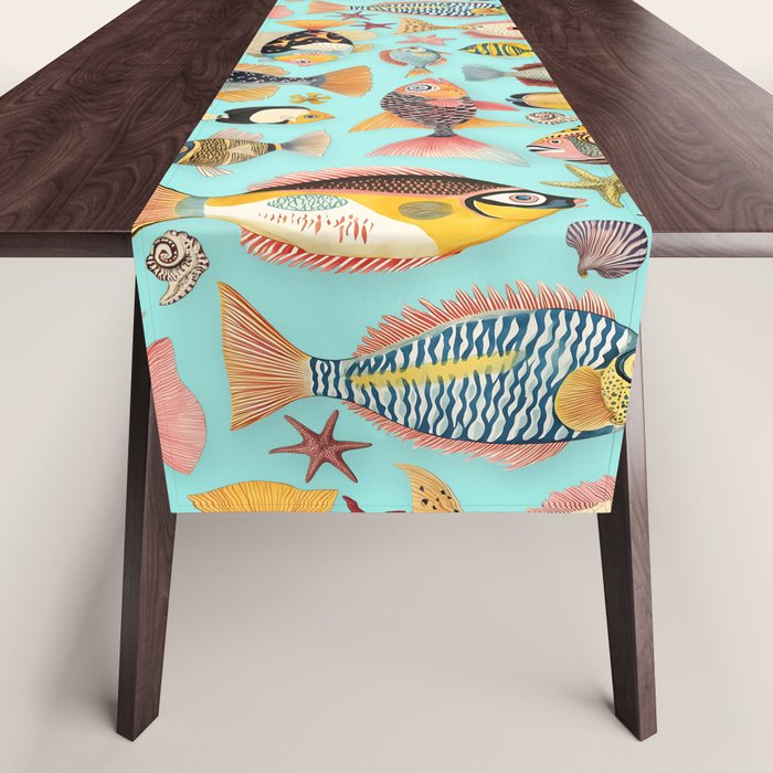 Whimsical Underwater World Multicolor Fish Pattern Turquoise Table Runner Gallery Image 1