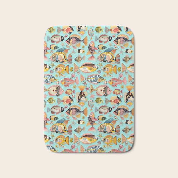 Whimsical Underwater World Multicolor Fish Pattern Turquoise Bath Mat Gallery Image 1