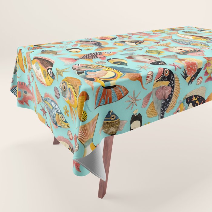 Whimsical Underwater World Multicolor Fish Pattern Turquoise Tablecloth Gallery Image 1