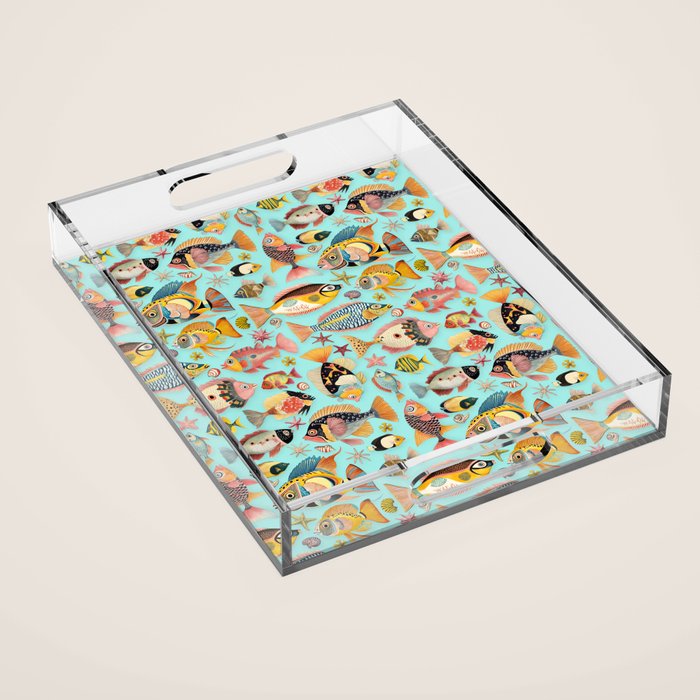Whimsical Underwater World Multicolor Fish Pattern Turquoise Acrylic Tray Gallery Image 1
