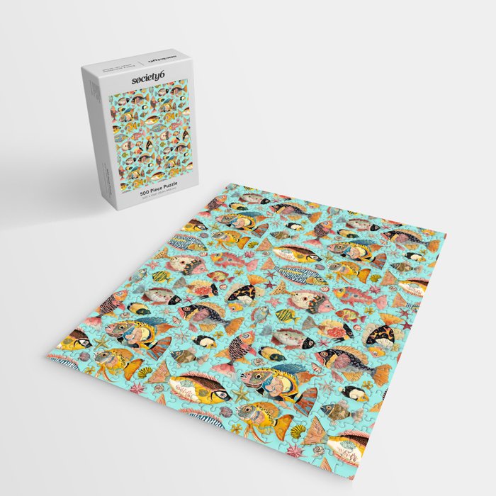 Whimsical Underwater World Multicolor Fish Pattern Turquoise Jigsaw Puzzle Gallery Image 2