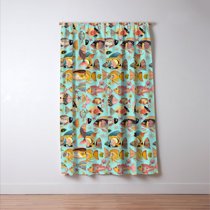 Whimsical Underwater World Multicolor Fish Pattern Turquoise Window Curtain Gallery Image 3
