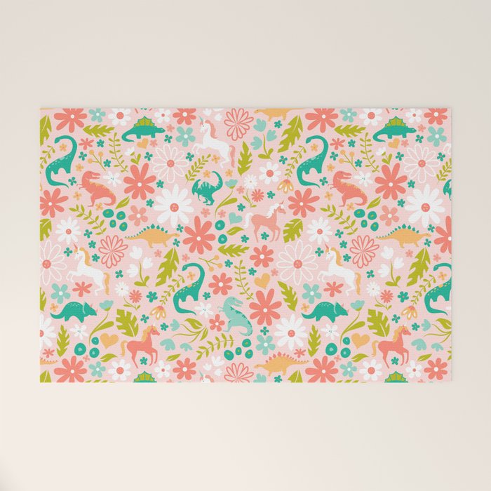 Dinosaurs + Unicorns in Pink + Teal Welcome Mat Gallery Image 1