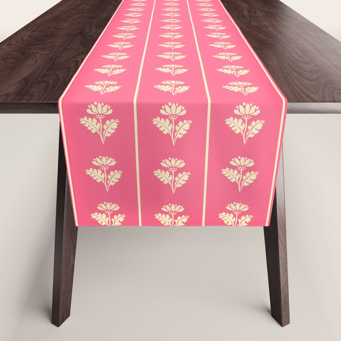 Cozy Vintage Cottage Flowers and Stripes Pattern in Pink Punch and Cream Table Runner Gallery Image 1