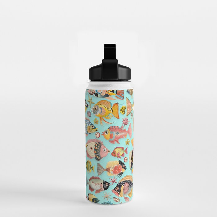 Whimsical Underwater World Multicolor Fish Pattern Turquoise Water Bottle Gallery Image 2