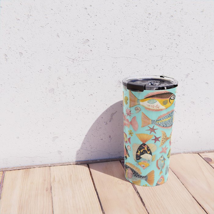 Whimsical Underwater World Multicolor Fish Pattern Turquoise Travel Mug Gallery Image 4