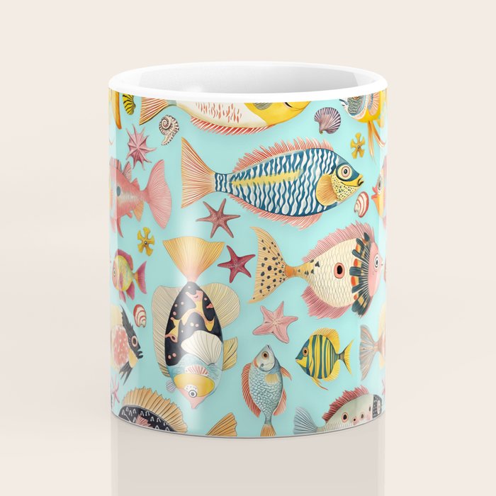 Whimsical Underwater World Multicolor Fish Pattern Turquoise Coffee Mug Gallery Image 4