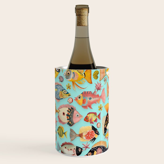 Whimsical Underwater World Multicolor Fish Pattern Turquoise Wine Chiller Gallery Image 3