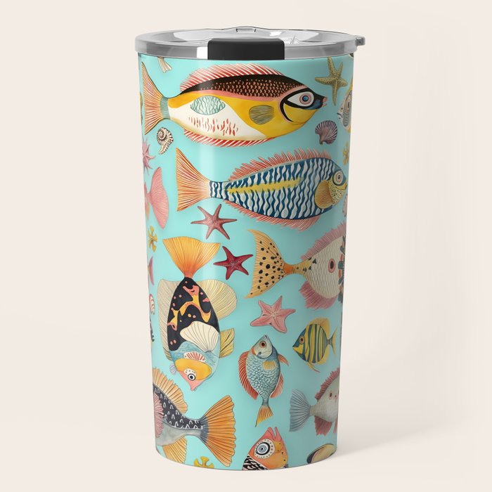 Whimsical Underwater World Multicolor Fish Pattern Turquoise Travel Mug Gallery Image 1