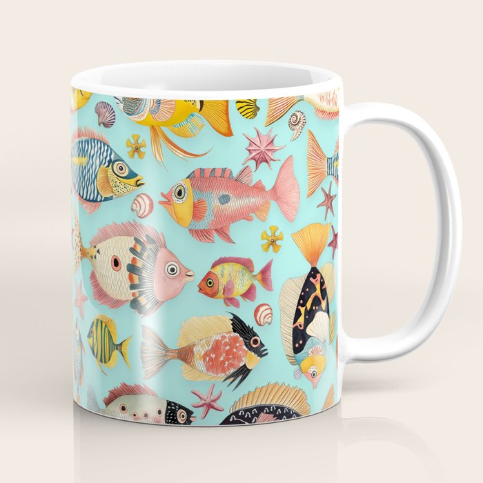 Whimsical Underwater World Multicolor Fish Pattern Turquoise Coffee Mug Gallery Image 1