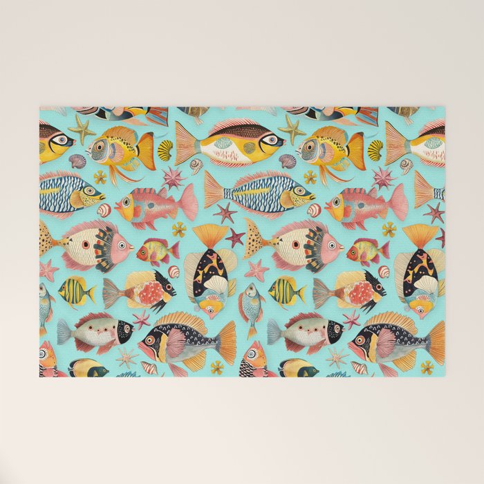 Whimsical Underwater World Multicolor Fish Pattern Turquoise Welcome Mat Gallery Image 1
