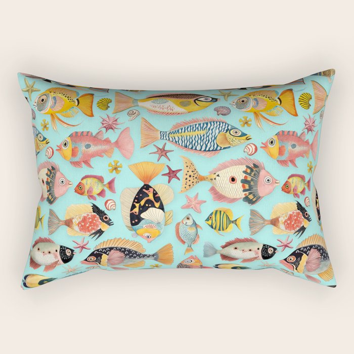 Whimsical Underwater World Multicolor Fish Pattern Turquoise Rectangular Pillow Gallery Image 1