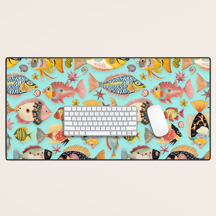 Whimsical Underwater World Multicolor Fish Pattern Turquoise Desk Mat Gallery Image 1
