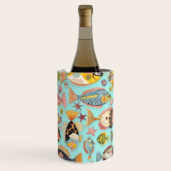Whimsical Underwater World Multicolor Fish Pattern Turquoise Wine Chiller Gallery Image 1